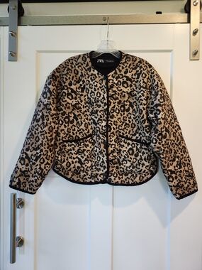 ZARA Leopard Print Quilted Jacket in Tan and Black